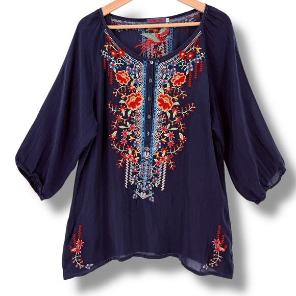 Johnny Was Olivia Embroidered Boho Blouse Top Size Large C79666-2 Floral Bird - Picture 1 of 10